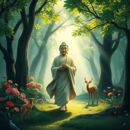 A serene and mystical scene of Buddha walking gracefully in the midst of a lush, enchanted forest