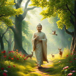 A serene and mystical scene of Buddha walking gracefully in the midst of a lush, enchanted forest
