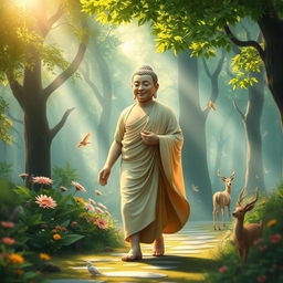 A serene and mystical scene of Buddha walking gracefully in the midst of a lush, enchanted forest