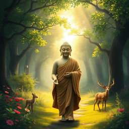 A serene and mystical scene of Buddha walking gracefully in the midst of a lush, enchanted forest