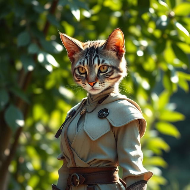 An elegant blue-grey tabby female Tabaxi with striking fur patterns and bright, expressive eyes