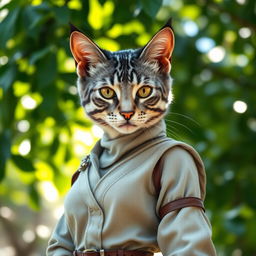 An elegant blue-grey tabby female Tabaxi with striking fur patterns and bright, expressive eyes