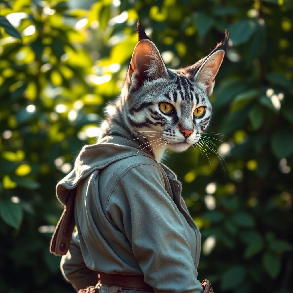 An elegant blue-grey tabby female Tabaxi with striking fur patterns and bright, expressive eyes