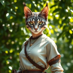 An elegant blue-grey tabby female Tabaxi with striking fur patterns and bright, expressive eyes