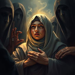 An intense and poignant image of Sumayyah binti Khayyat enduring torture at the hands of the Quraysh in Makkah