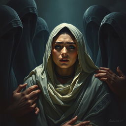 An intense and poignant image of Sumayyah binti Khayyat enduring torture at the hands of the Quraysh in Makkah