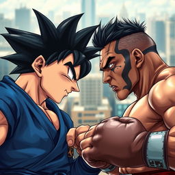 A hyper-realistic illustration of Goku and Mike Tyson facing each other, showcasing their intense expressions and powerful stances