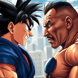 A hyper-realistic illustration of Goku and Mike Tyson facing each other, showcasing their intense expressions and powerful stances