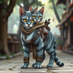 An elegant blue-grey tabby female Tabaxi, featuring a sleek, smooth coat with striking blue and grey stripes