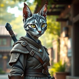 An elegant blue-grey tabby female Tabaxi, featuring a sleek, smooth coat with striking blue and grey stripes