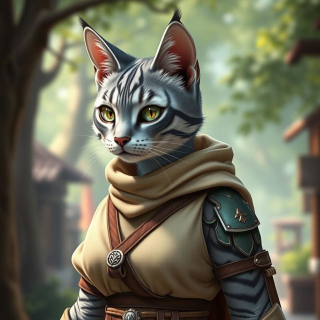 An elegant blue-grey tabby female Tabaxi, featuring a sleek, smooth coat with striking blue and grey stripes