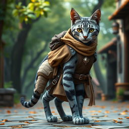 An elegant blue-grey tabby female Tabaxi, featuring a sleek, smooth coat with striking blue and grey stripes