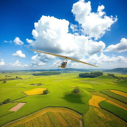A vibrant scene of a motor glider soaring elegantly above lush green rice fields, showcasing the intricate patterns of the fields below