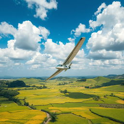 A vibrant scene of a motor glider soaring elegantly above lush green rice fields, showcasing the intricate patterns of the fields below