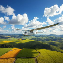 A vibrant scene of a motor glider soaring elegantly above lush green rice fields, showcasing the intricate patterns of the fields below