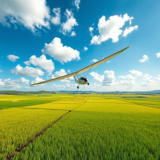 A vibrant scene of a motor glider soaring elegantly above lush green rice fields, showcasing the intricate patterns of the fields below