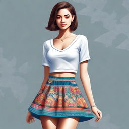 A high-quality digital art piece showcasing a beautiful girl dressed in a stylish short top and skirt