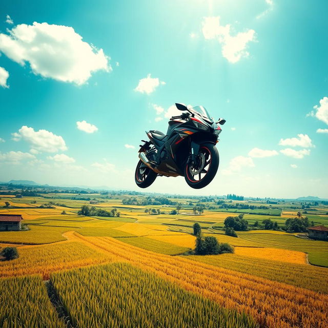 A dynamic scene of a motorcycle soaring through the air over lush green rice fields, capturing a moment of thrill and freedom