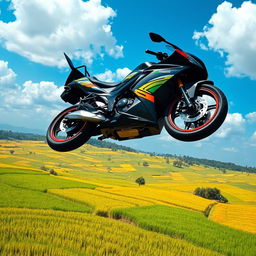 A dynamic scene of a motorcycle soaring through the air over lush green rice fields, capturing a moment of thrill and freedom