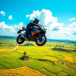 A dynamic scene of a motorcycle soaring through the air over lush green rice fields, capturing a moment of thrill and freedom