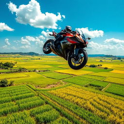 A dynamic scene of a motorcycle soaring through the air over lush green rice fields, capturing a moment of thrill and freedom