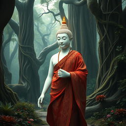 The Buddha walking gracefully through a deep forest, with a luminous and flawless white skin