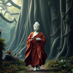 The Buddha walking gracefully through a deep forest, with a luminous and flawless white skin