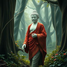 The Buddha walking gracefully through a deep forest, with a luminous and flawless white skin