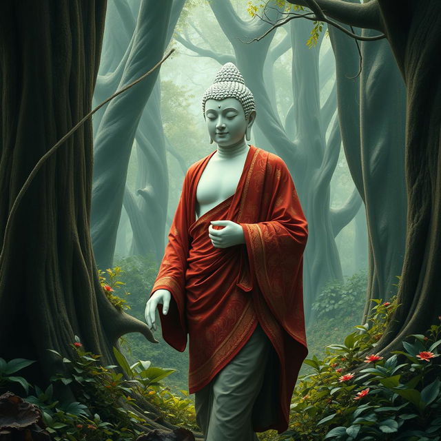 The Buddha walking gracefully through a deep forest, with a luminous and flawless white skin