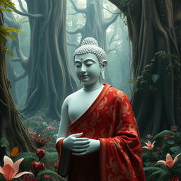 The Buddha walking gracefully through a deep forest, with a luminous and flawless white skin