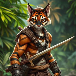 A brown and white striped male Tabaxi warrior, featuring distinct feline characteristics such as pointed ears, whiskers, and feline eyes