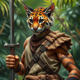 A brown and white striped male Tabaxi warrior, featuring distinct feline characteristics such as pointed ears, whiskers, and feline eyes