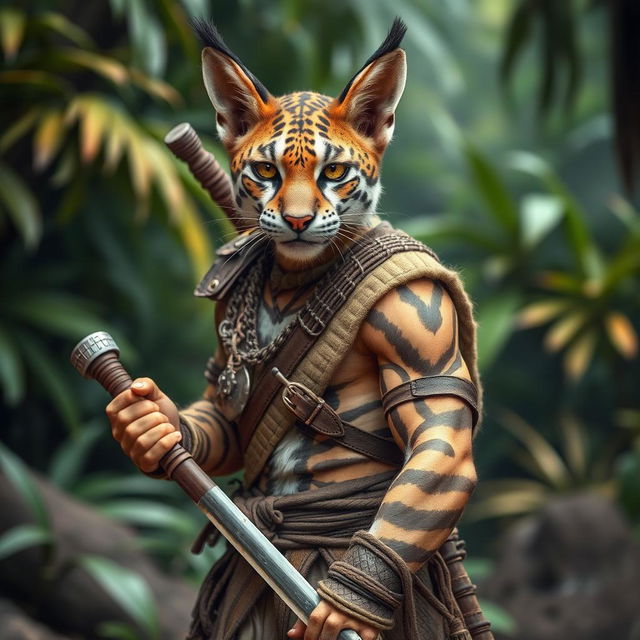 A brown and white striped male Tabaxi warrior, featuring distinct feline characteristics such as pointed ears, whiskers, and feline eyes