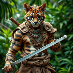 A brown and white striped male Tabaxi warrior, featuring distinct feline characteristics such as pointed ears, whiskers, and feline eyes