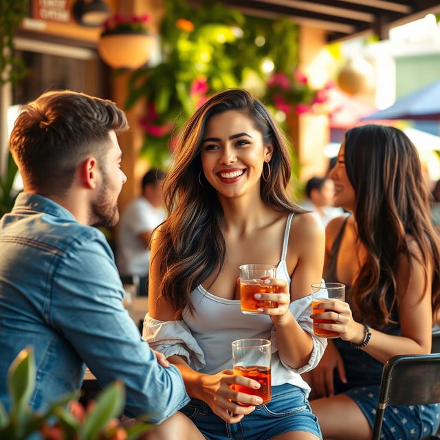 A lovely scene featuring a 23-year-old hot brunette in casual attire, surrounded by friends