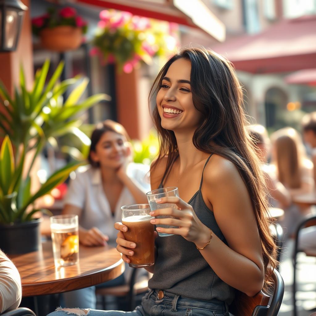 A lovely scene featuring a 23-year-old hot brunette in casual attire, surrounded by friends