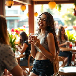 A lovely scene featuring a 23-year-old hot brunette in casual attire, surrounded by friends