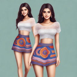 A high-quality digital art piece showcasing a beautiful girl dressed in a stylish short top and skirt