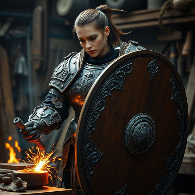 A heavy-set female human kineticist, clad in full plate armor crafted from polished onyx, reflecting a robust design