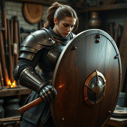 A heavy-set female human kineticist, clad in full plate armor crafted from polished onyx, reflecting a robust design