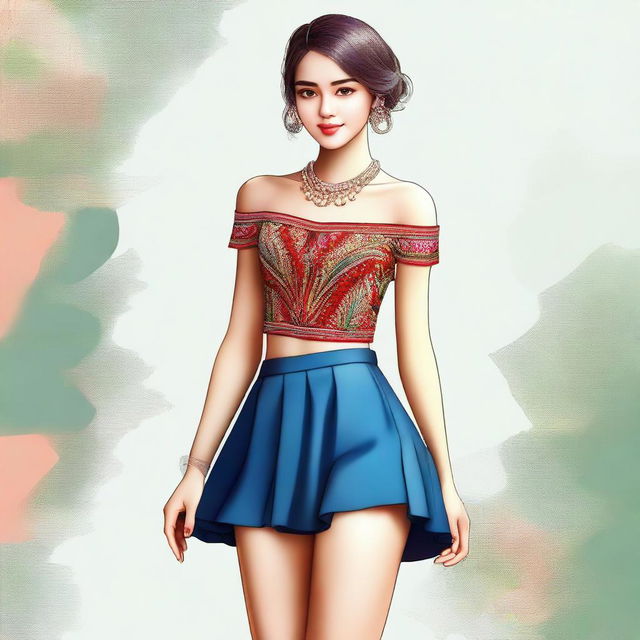 A high-quality digital art piece showcasing a beautiful girl dressed in a stylish short top and skirt