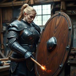 A heavy-set female human kineticist, clad in full plate armor crafted from polished onyx, reflecting a robust design