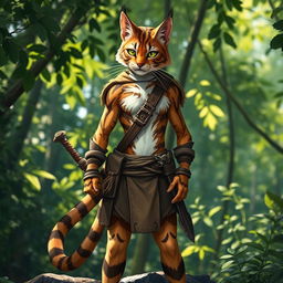 A brown and white tabby male Tabaxi warrior, featuring a sleek feline appearance with distinctive tabby stripes, dressed in simple yet functional clothes and light armor