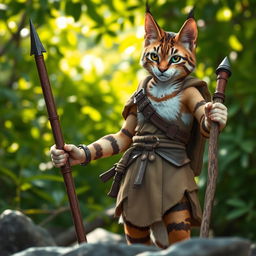A brown and white tabby male Tabaxi warrior, featuring a sleek feline appearance with distinctive tabby stripes, dressed in simple yet functional clothes and light armor