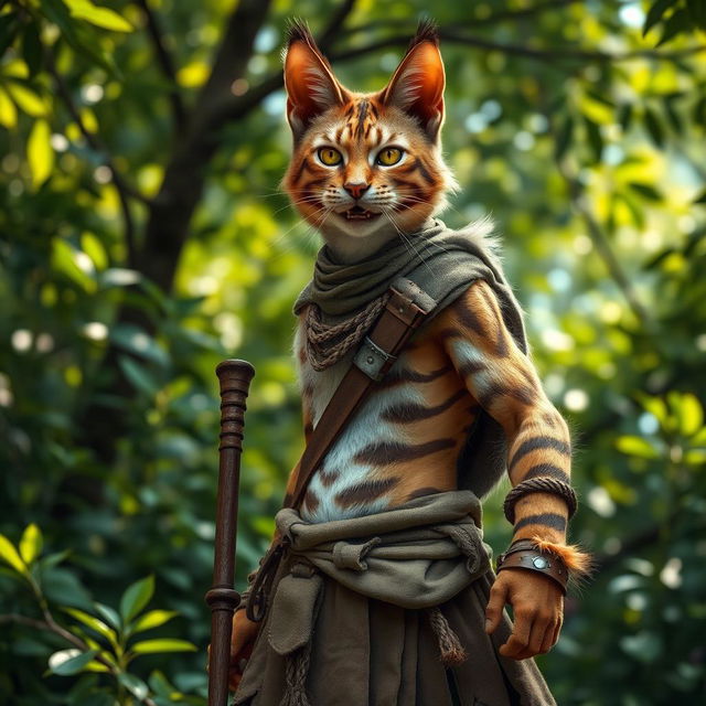 A brown and white tabby male Tabaxi warrior, featuring a sleek feline appearance with distinctive tabby stripes, dressed in simple yet functional clothes and light armor