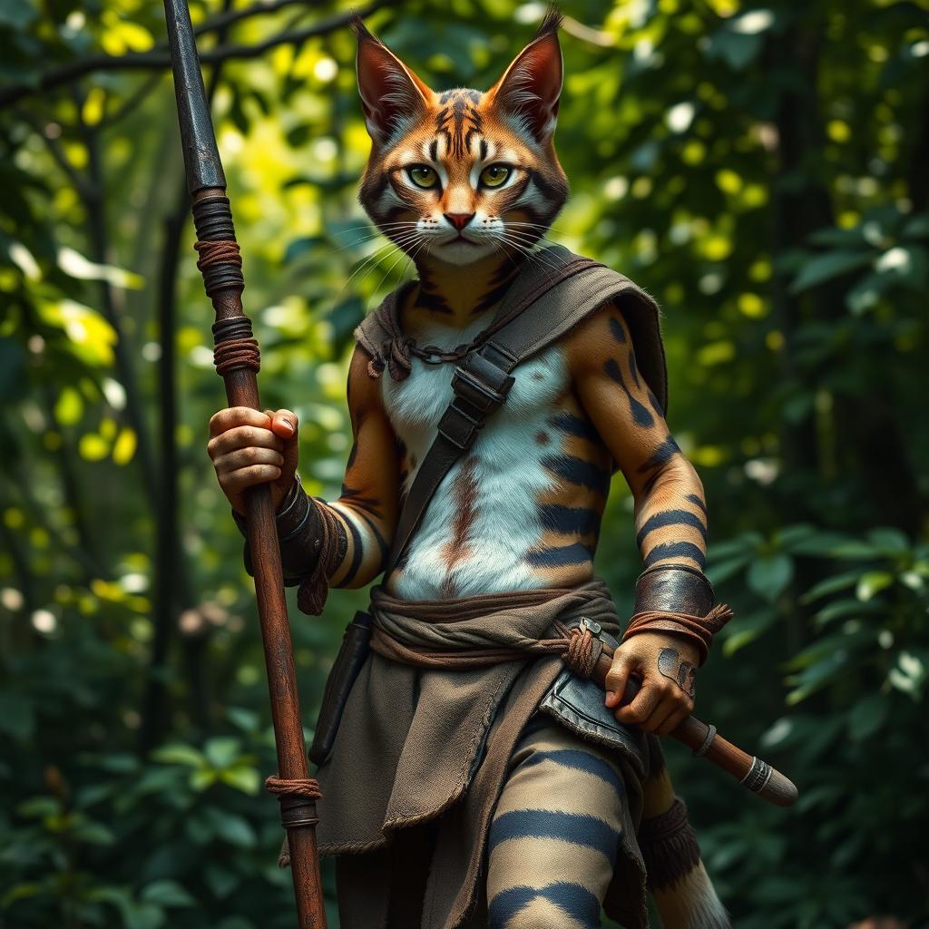 A brown and white tabby male Tabaxi warrior, featuring a sleek feline appearance with distinctive tabby stripes, dressed in simple yet functional clothes and light armor