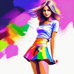 A highest quality digital art image showcasing a beautiful girl in a stylish short skirt and top