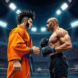 A hyper-realistic, highly detailed illustration of a face-to-face standoff between a muscular, spiky-haired warrior inspired by anime aesthetics and a legendary boxer resembling Mike Tyson with a strong build and an iconic face tattoo