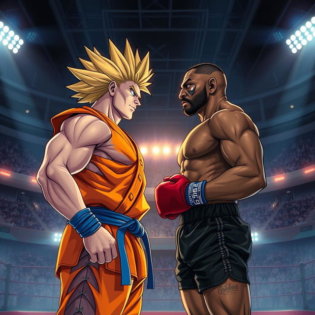 A hyper-realistic, highly detailed illustration of a face-to-face standoff between a muscular, spiky-haired warrior inspired by anime aesthetics and a legendary boxer resembling Mike Tyson with a strong build and an iconic face tattoo