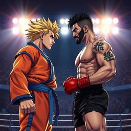 A hyper-realistic, highly detailed illustration of a face-to-face standoff between a muscular, spiky-haired warrior inspired by anime aesthetics and a legendary boxer resembling Mike Tyson with a strong build and an iconic face tattoo